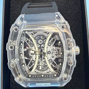 Fashion Watch Skeleton Dial Clear Case Black Rubber Strap Men's Wristwatch New